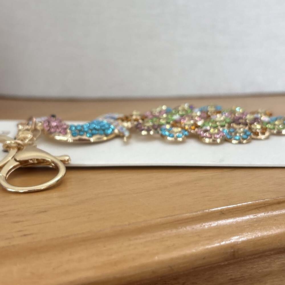 Natasha Rhinestone Peacock Bag Charm Keychain Brand New Bling Gold Rainbow - Picture 3 of 8